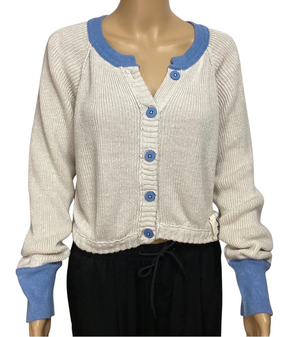 Free People We The Free Lili Linen Cardi Blue Cream Combo L Large